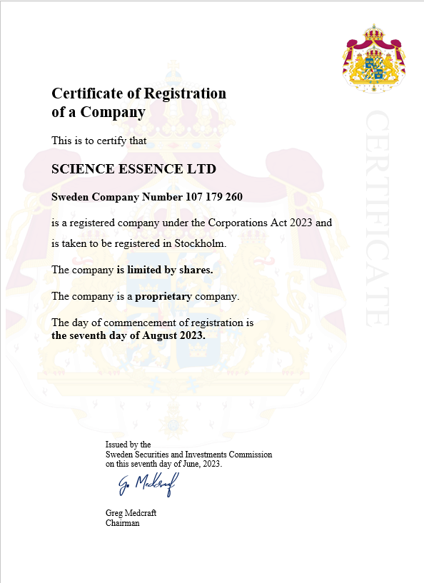 Sweden business registration certificate Word and PDF template